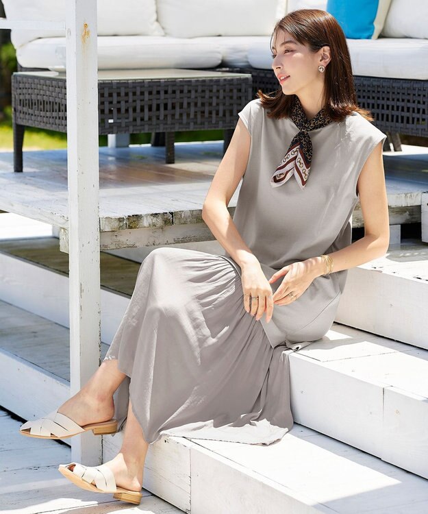 Tiaclasse 【洗える】カットソーコンビヴィンテージサテンワンピース グレージュ