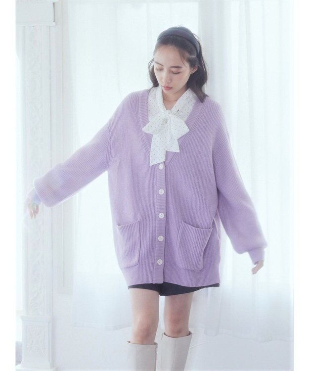 earth music&ecology アンチピリング畦Ｖネックカーディガン Lavender