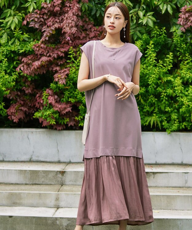 Tiaclasse 【洗える】カットソーコンビヴィンテージサテンワンピース ピンク