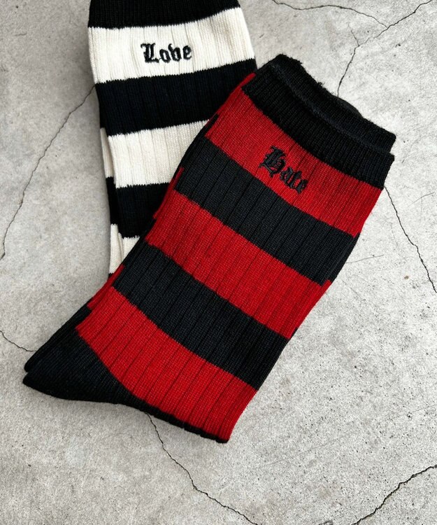 WEGO ロゴ刺繍ボーダークルーソックス レッド