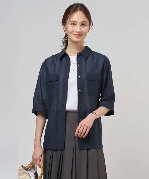 J.PRESS LADIES L リネンシアースラブ シャツ ブラウス ネイビー系