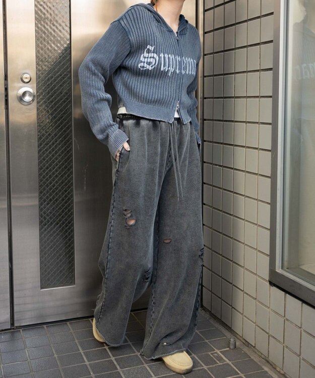 WEGO 【ウエストゴム】ダメージスウェットワイドパンツ ブラック