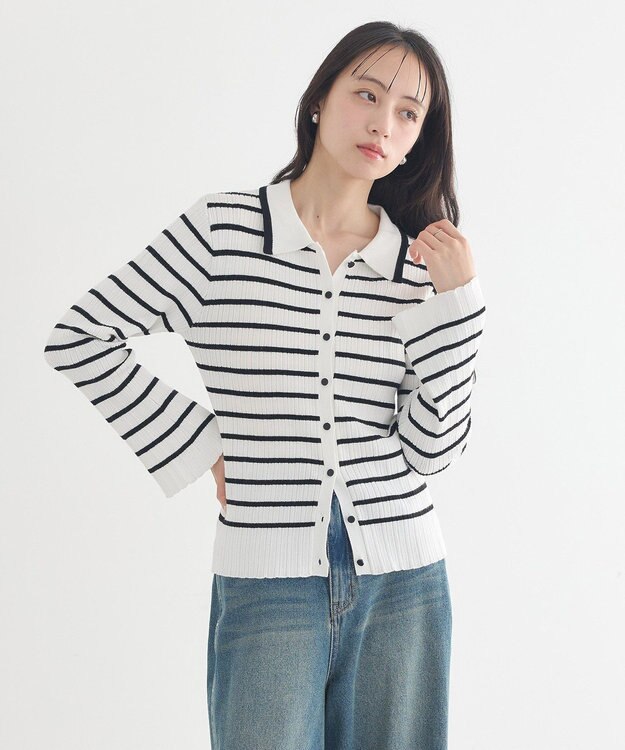 earth music&ecology レギュラーカラーニットカーディガン Border Black