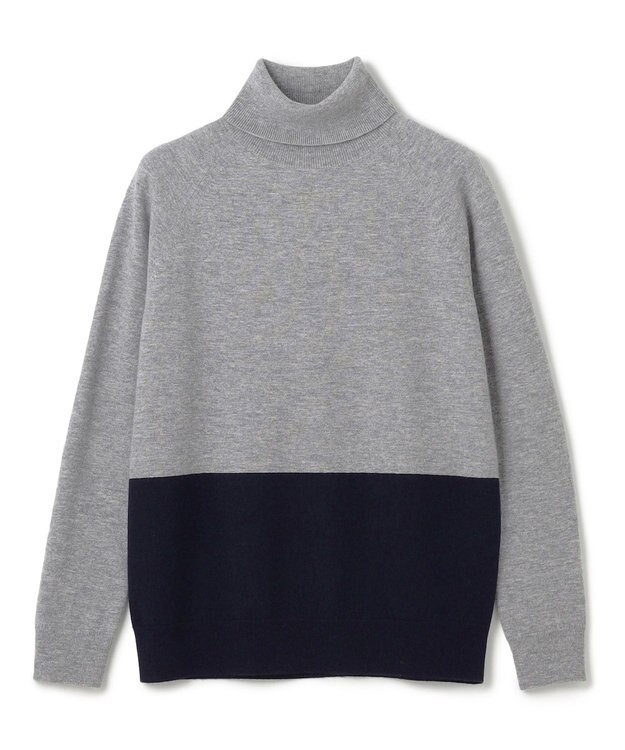 BEIGE， 【WEB限定・洗える】DEMING / バイカラーウールタートルネックニット Lt. Gray × Navy