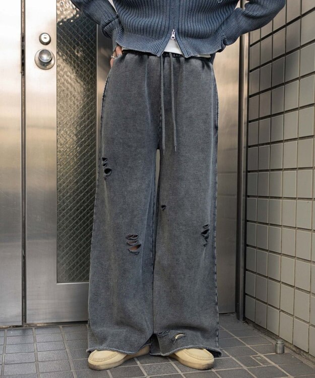 WEGO 【ウエストゴム】ダメージスウェットワイドパンツ ブラック