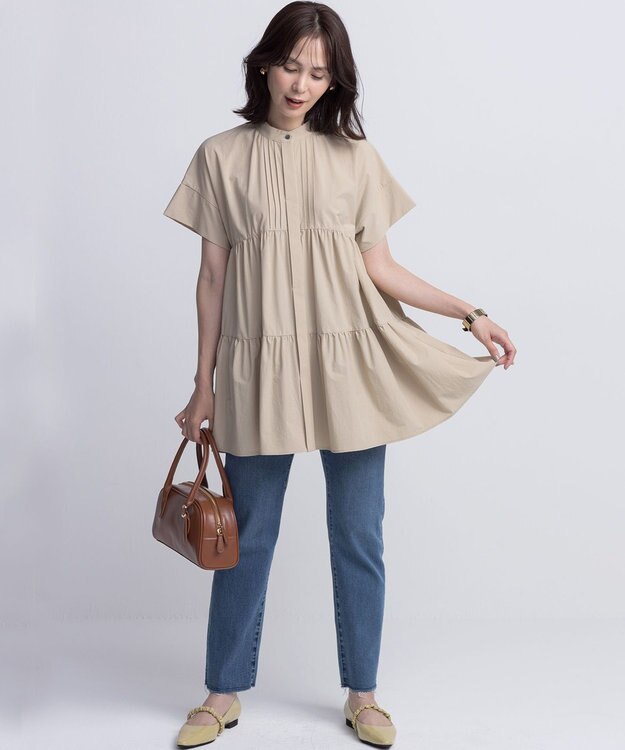 組曲 S スーパーライトストレッチティアード ブラウス ベージュ系