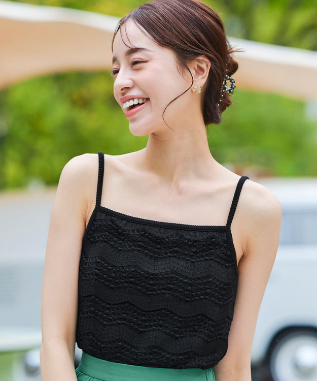 Tiaclasse 【洗える】スカラップニレースニットキャミソール ブラック