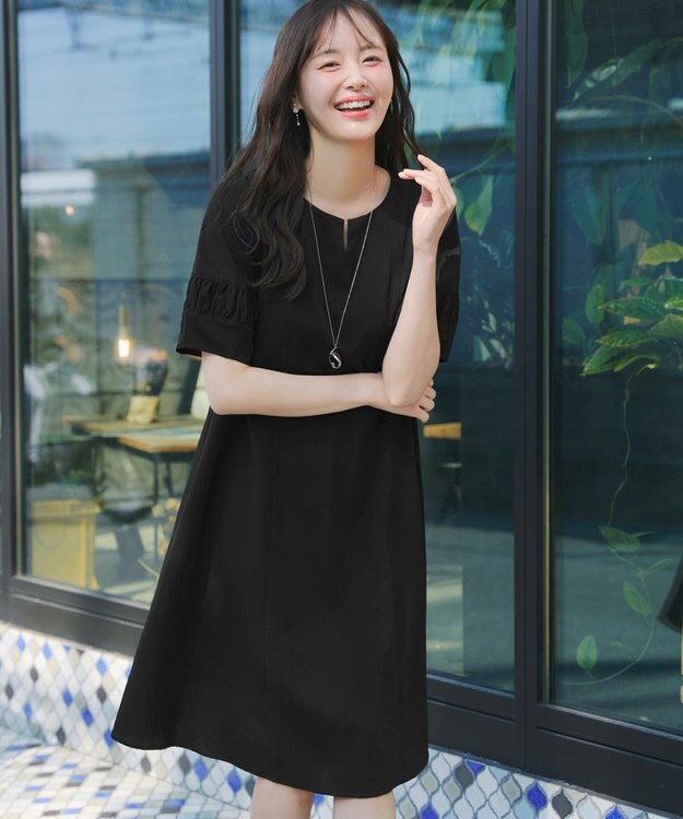 Tiaclasse 【選べる着丈・新色追加】ギャザーランタンスリーブワンピース 膝丈ブラック