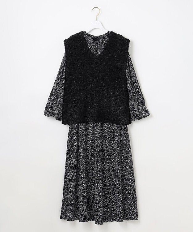 ANY SIS S 【洗える】フラワープリントワンピース × ニットベスト セット ブラック系