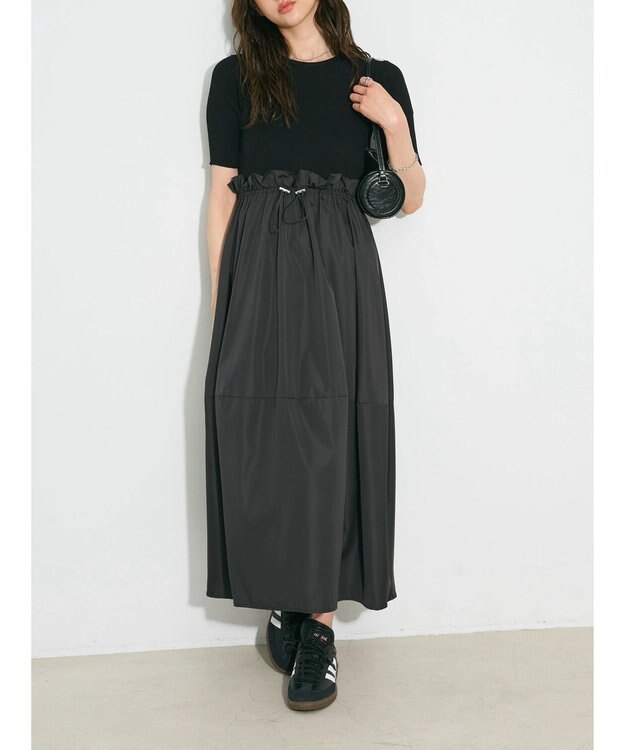 Green Parks ランタン型ニットドッキングタフタワンピース Black