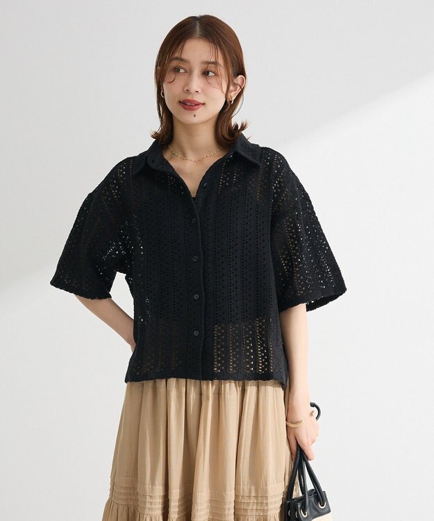 Green Parks インド綿 　衿付きレースシャツ Black