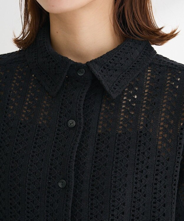 Green Parks インド綿 　衿付きレースシャツ Black