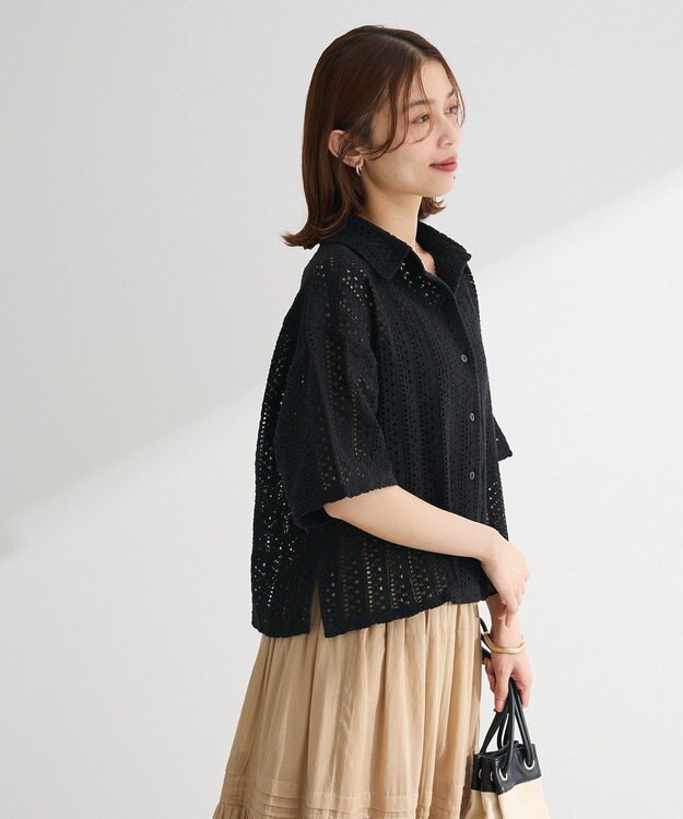 Green Parks インド綿 　衿付きレースシャツ Black