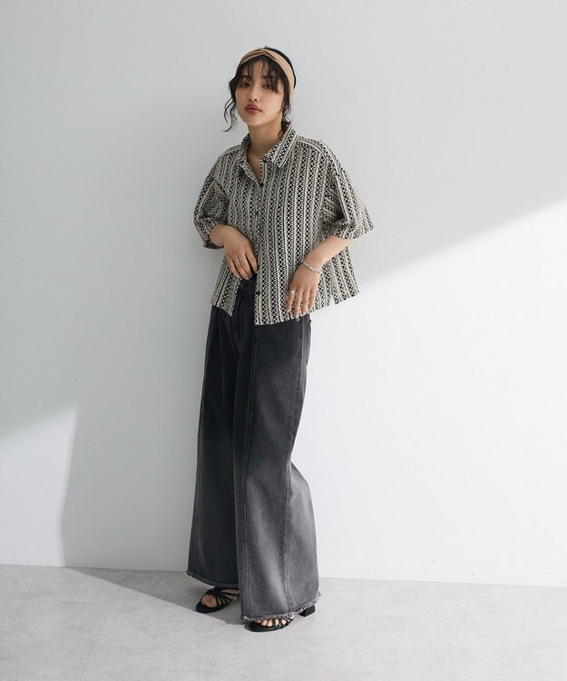 Green Parks インド綿 　衿付きレースシャツ Black