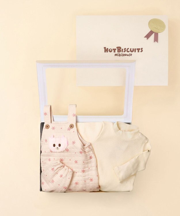 MIKI HOUSE HOT BISCUITS キルト素材 オーバーオール＆Tシャツギフトセット【BOX付き】 アイボリー