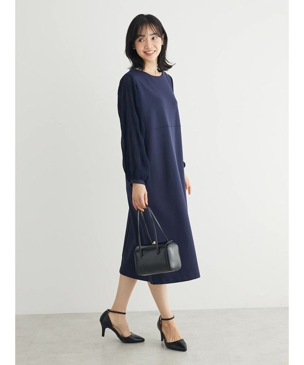 Green Parks マジョリカ袖ドッキングワンピース Dark Navy