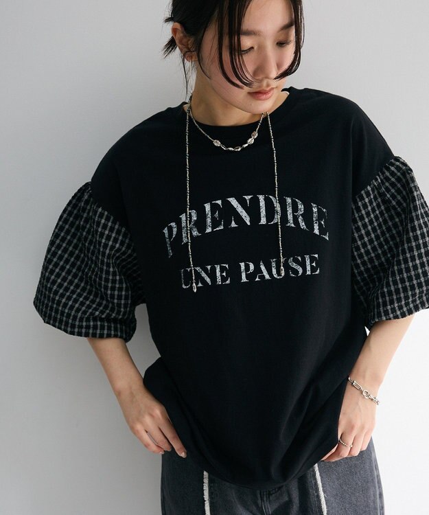 Green Parks チェックバルーンスリーブロゴチュニック Black