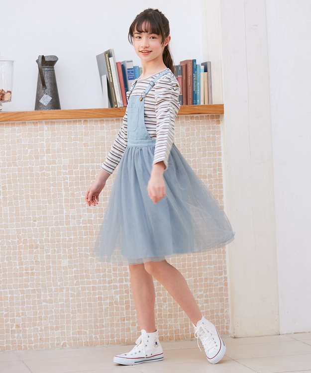 ANY KIDS チュール付き ジャンパースカート デニムブルー