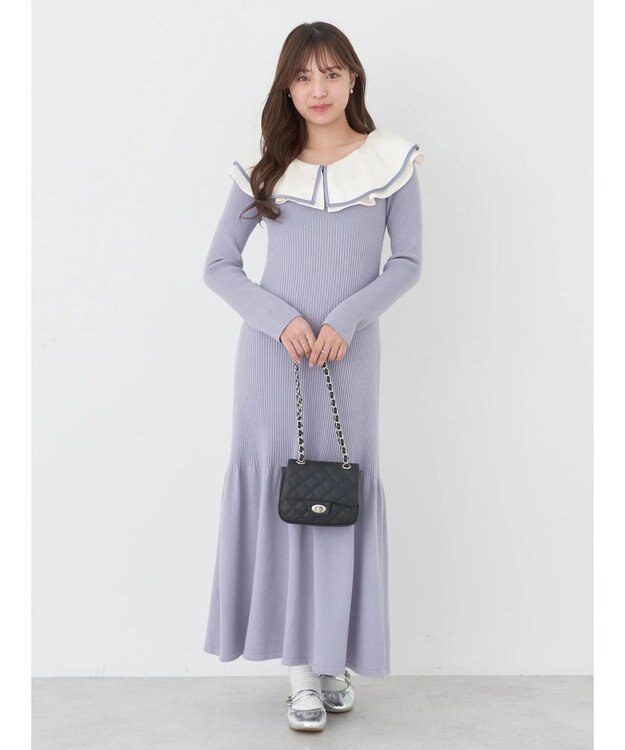 earth music&ecology パイピングフレアカラーニットワンピース Grayish Blue