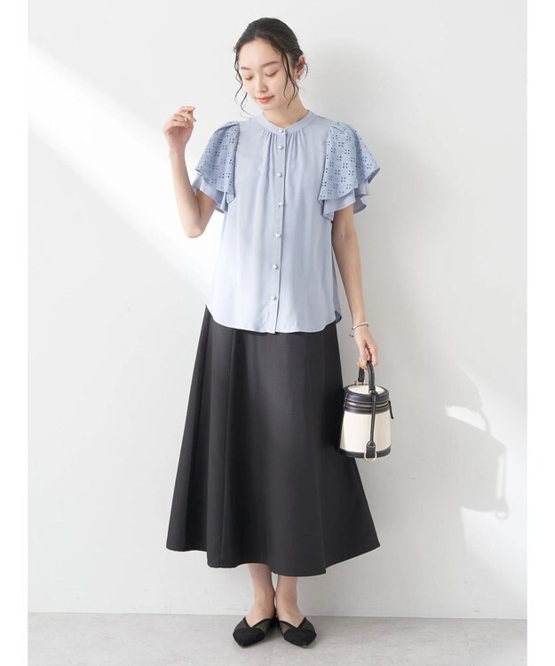 earth music&ecology レースラッフルブラウス Grayish Blue