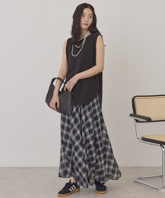 AMERICAN HOLIC 【選べる丈】チェックシアープリーツスカート Charcoal Gray