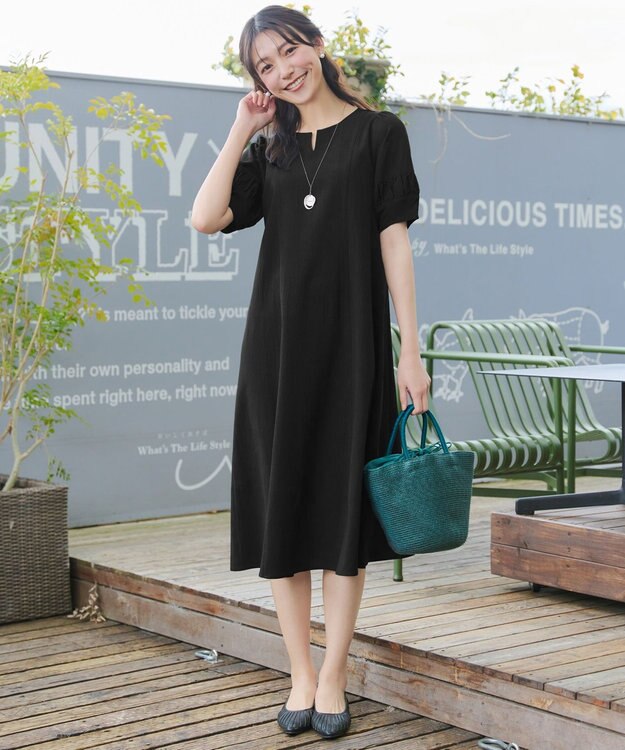 Tiaclasse 【選べる着丈・新色追加】ギャザーランタンスリーブワンピース ミモレ丈ブラック