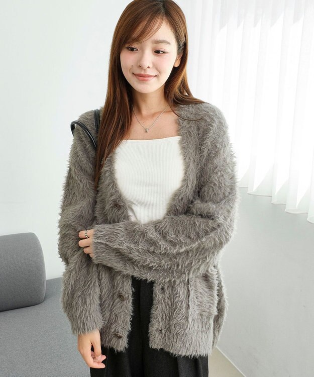 WEGO 【2025秋冬新作/ユニセックス着用ITEM/SMLサイズ展開】フェザーニットカーディガン グレー