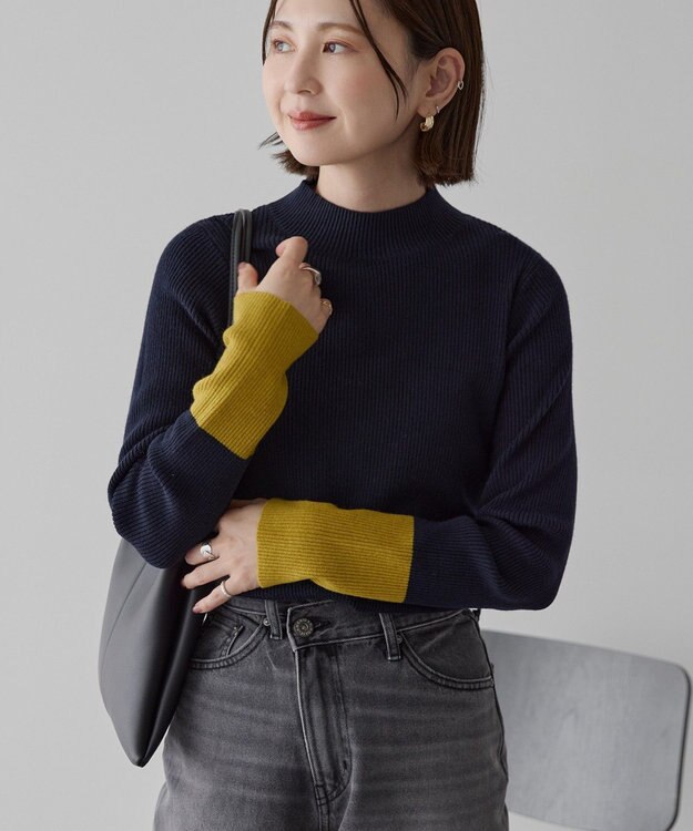AMERICAN HOLIC バイパチ袖配色リブプルオーバー Dark Navy