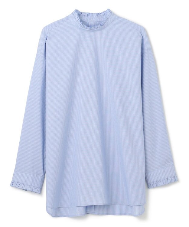 UNFILO フリルネックシャツ ブルーストライプ