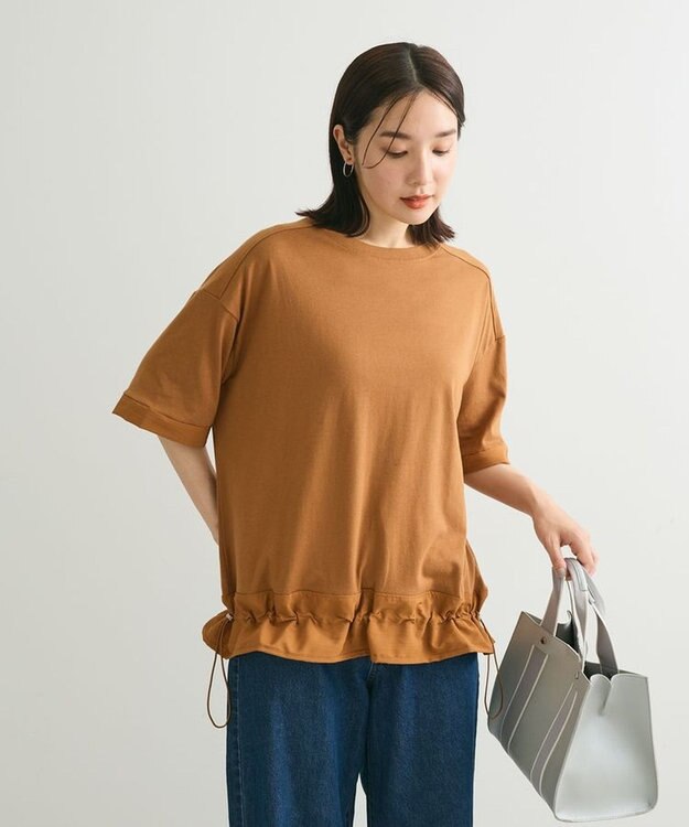 Green Parks 裾ドロスト５分袖ドッキングチュニック Yellow