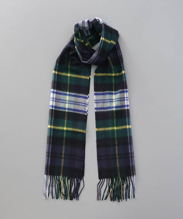 AURORA 【Johnstons of Elgin（ジョンストンズ オブ エルガン）】カシミヤ100％起毛チェック柄マフラー ダークグリーン×イエロー