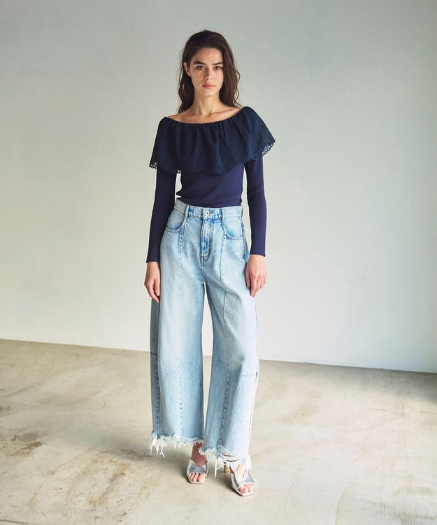 GRACE CONTINENTAL カットワークリブニットトップ ネイビー