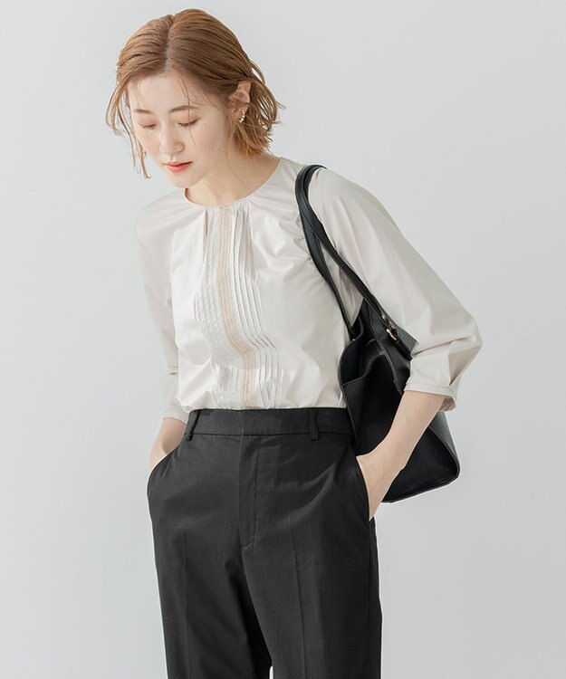 23区 S 【洗える】ブラウスライクジャージー タックディテール カットソー ライトグレー系