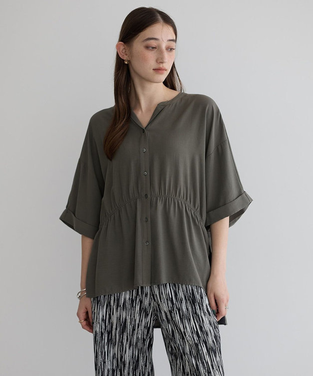 YECCA VECCA ギャザーデザイン配色シャツ Khaki