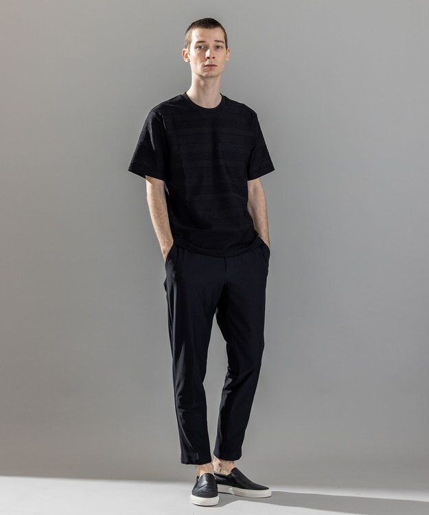 JOSEPH HOMME 新柄【ストレッチ/洗える】ジャガードボーダー　クルーネックTシャツ ブラック系