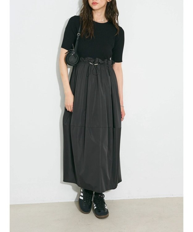 Green Parks ランタン型ニットドッキングタフタワンピース Black