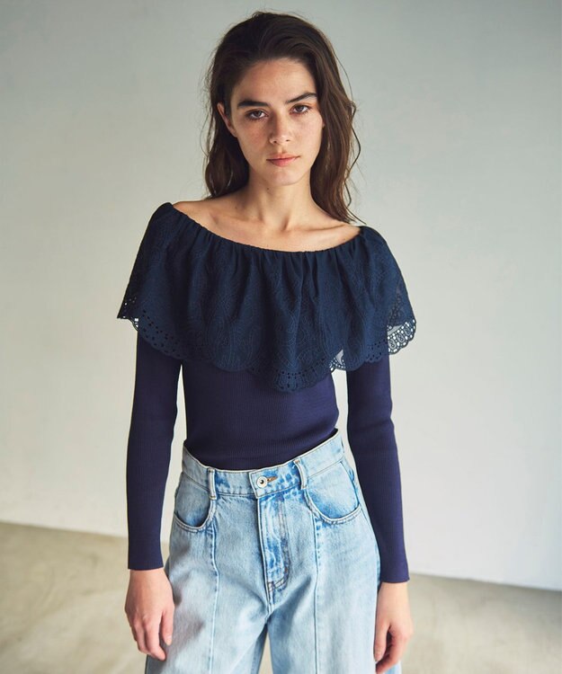 GRACE CONTINENTAL カットワークリブニットトップ ネイビー