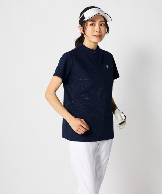FILA GOLF／marie claire 【FILA GOLF】 チェッカーフラッグ柄エンボス半袖シャツ ネイビー