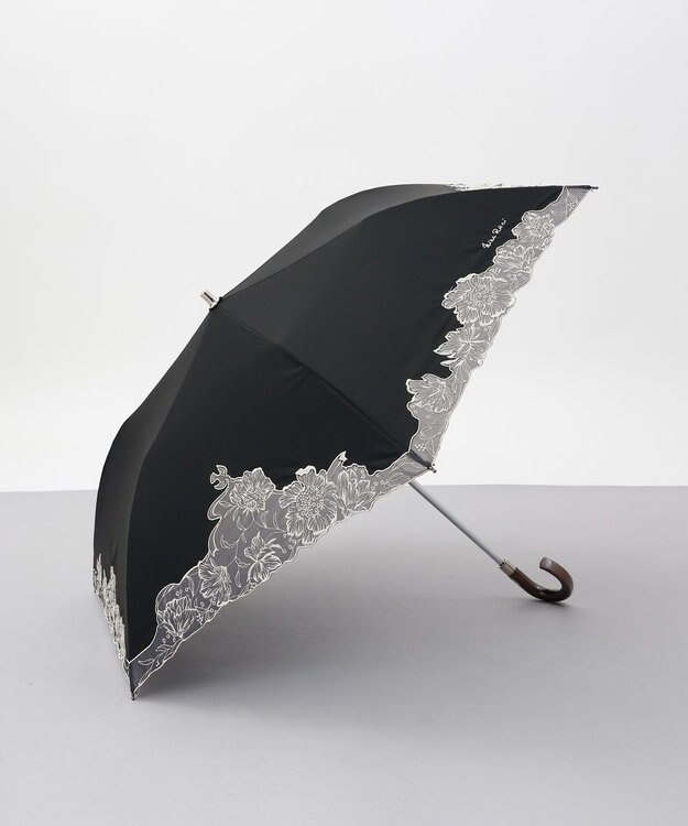 AURORA NINA RICCI （ニナリッチ) 刺しゅうオーガンジー掛け合わせ晴雨兼用パラソル（折り畳み・トップフラット傘） ブラック