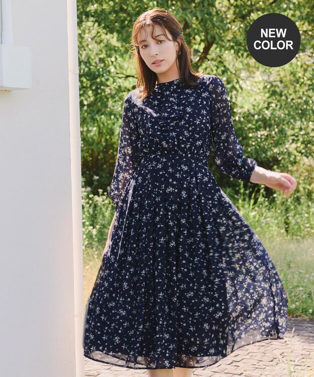 Tiaclasse L 【新色追加・洗える】花柄フリルドレープワンピース ダークネイビー