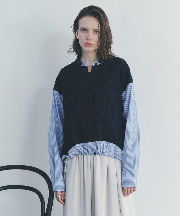 YECCA VECCA レースMIXレイヤードデザインシャツ Stripe Blue
