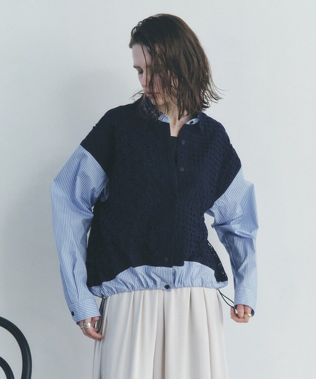 YECCA VECCA レースMIXレイヤードデザインシャツ Stripe Blue