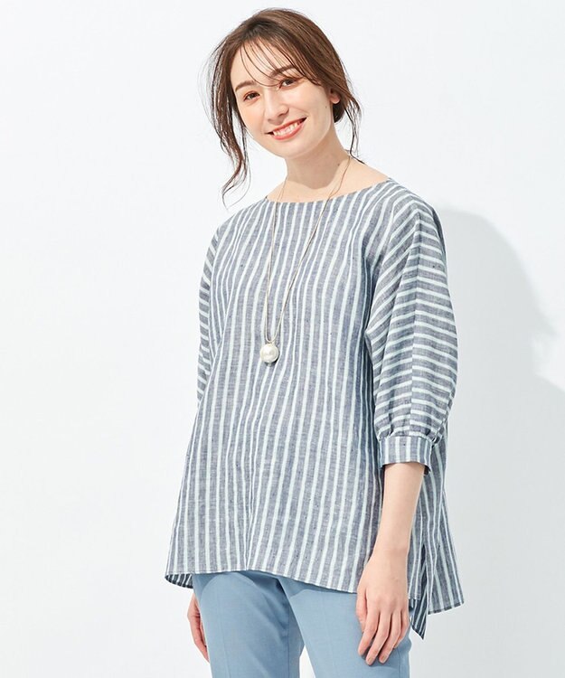 自由区 【洗える】リネンストライプ ボートネックブラウス ネイビー系1
