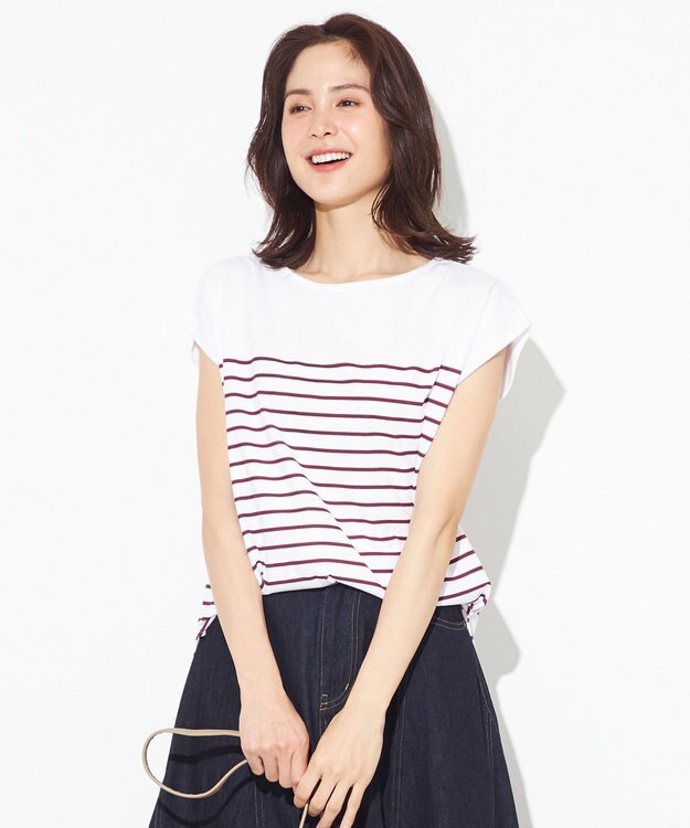 ANY 【接触冷感・UVケア】TCオーガビッツボーダー Tシャツ オフ×ローズ