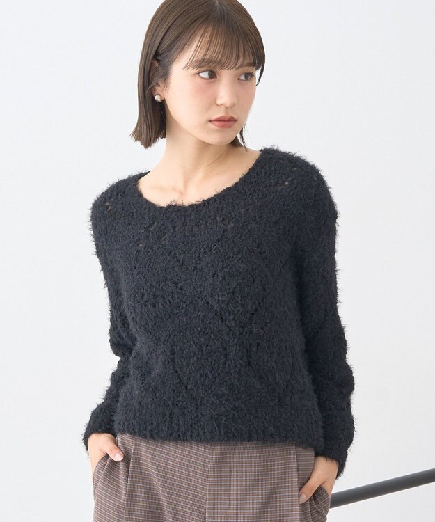 earth music&ecology シャギーミックス透かしハート柄ニットプルオーバ Black