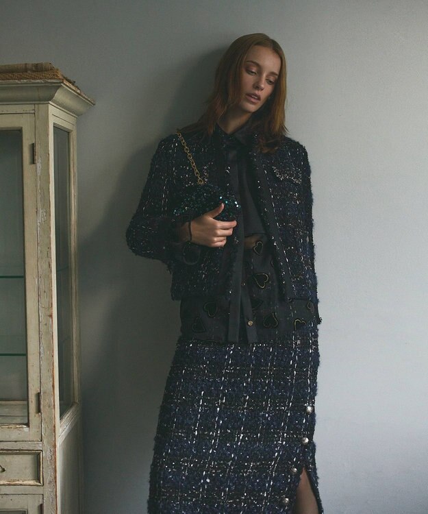 GRACE CONTINENTAL サイドスリットツイードスカート ネイビー