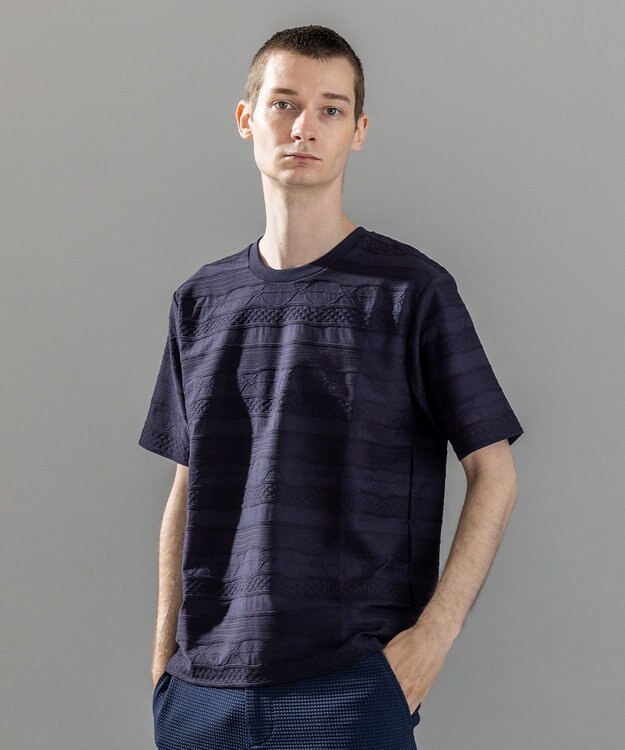 JOSEPH HOMME 新柄【ストレッチ/洗える】ジャガードボーダー　クルーネックTシャツ ネイビー系
