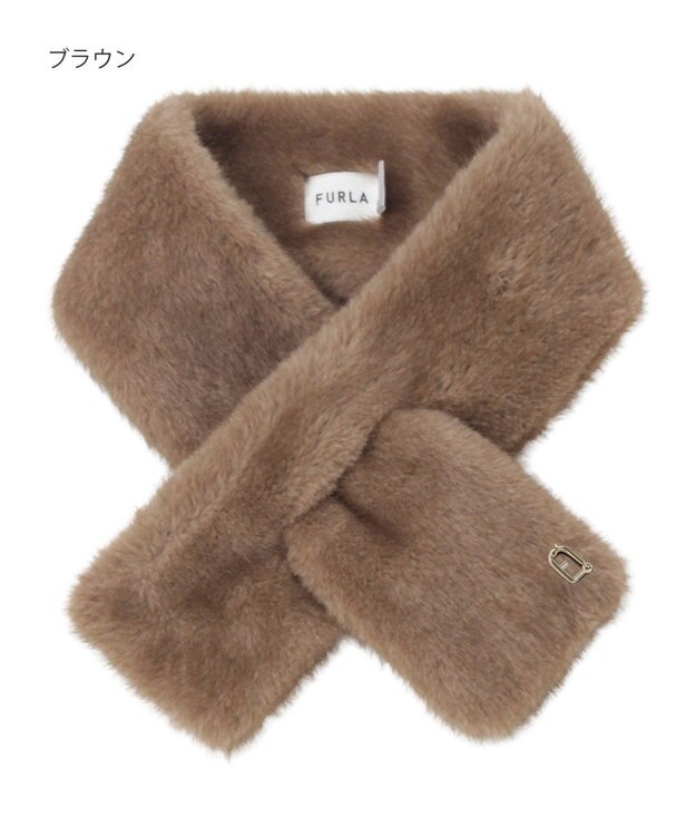 MOONBAT FURLA（フルラ）差し込みファーティペット マフラー アーチロゴ フェイクファー ブラウン