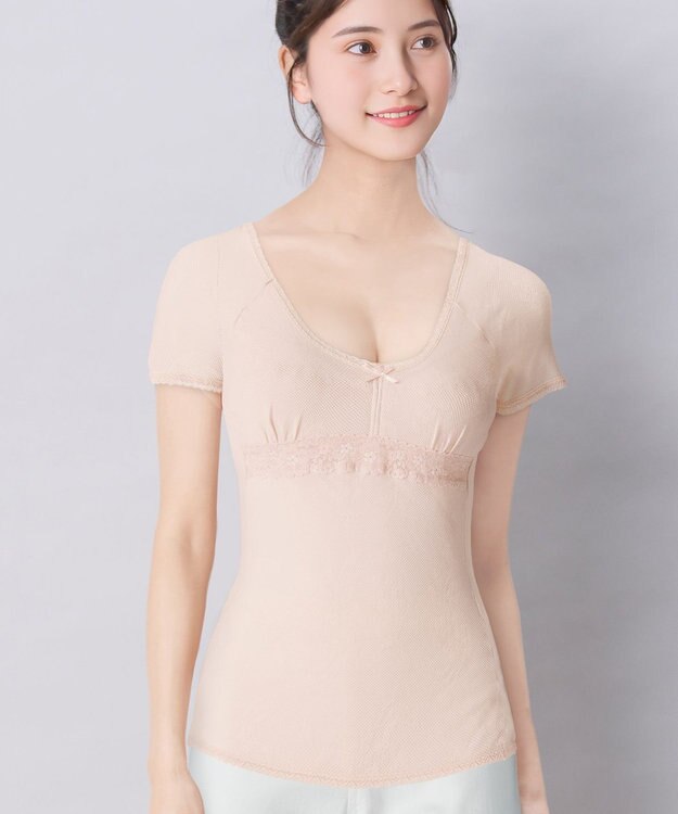 Wing カップ付きインナー 綿100％(身生地) さらっと快適 【綿100％ メッシュタイプ】 ブラトップ 3分袖 半袖 EL6385 ウイング／ワコール ピンク