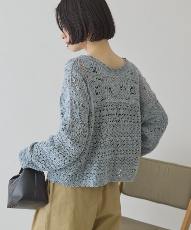 AMERICAN HOLIC 【前後2WAY】レース透かし編みニットカーディガン Sax